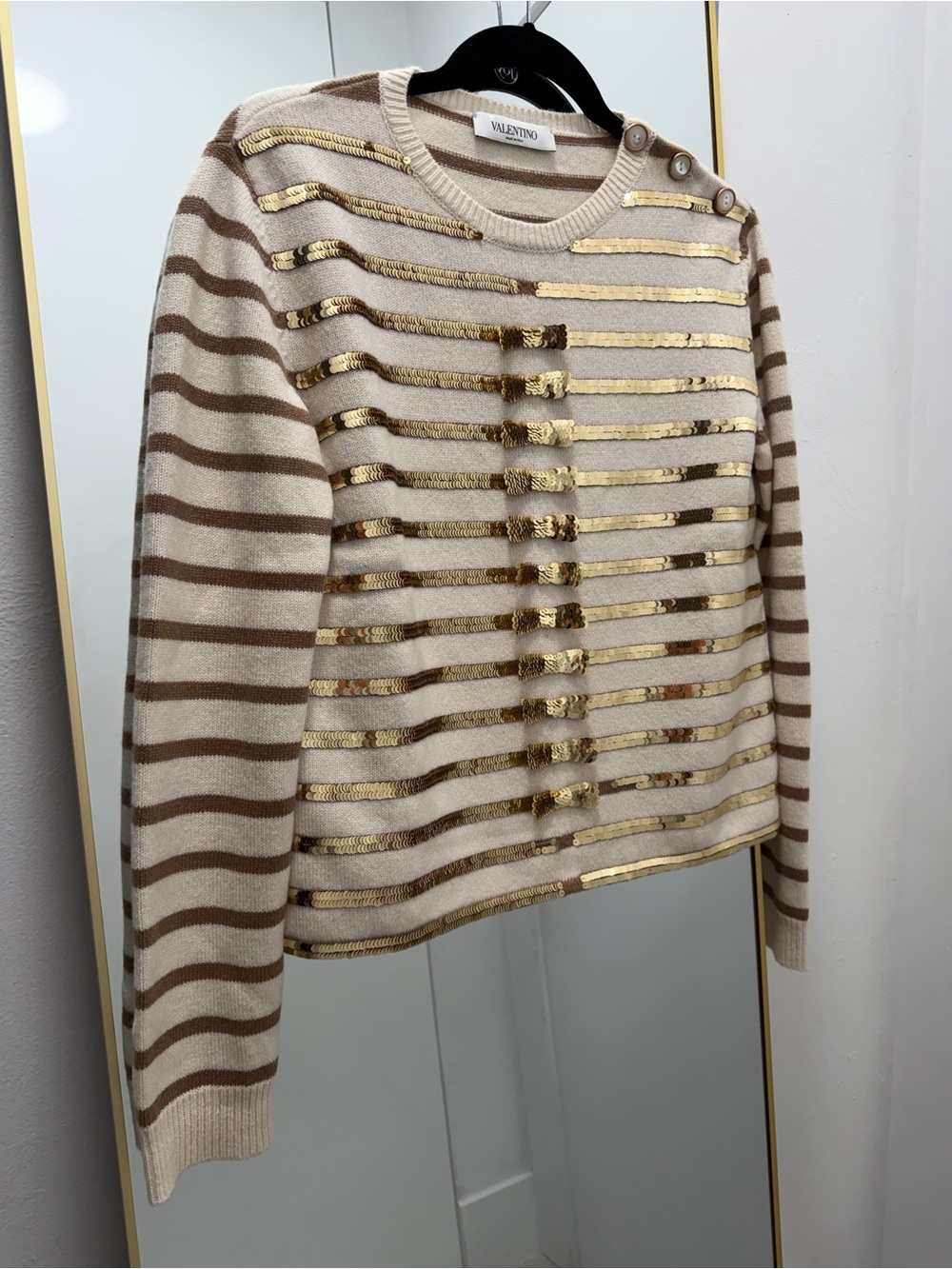 Valentino Cream & Tan Striped Sweater with Gold Sequin Trim